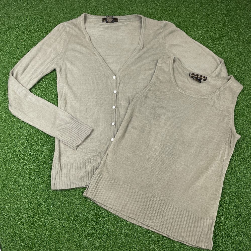 Linda Matthews Sage Green Button Up Cardigan Tank Top Set Sz M